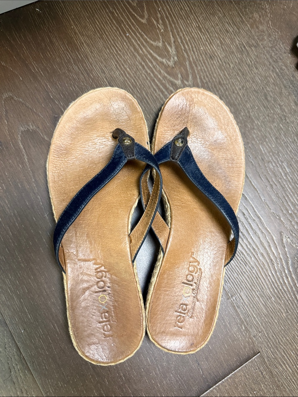 Tommy Bahama Navy and Tan Leather Thong Sandals